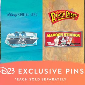 Tryptic Image of four new D23 Pins, featuring Disney Cruise Line, Haunted Mansion, Roger Rabbit, and The Parent Trap. Each Pin is featured on a themed background coordinated with the pins featured.