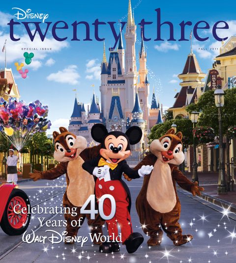 cover of Fall 2011 Disney Twenty-Three D23 Magazine featuring Mickey Mouse and Chip and Dale at Disney World Cinderella Castle