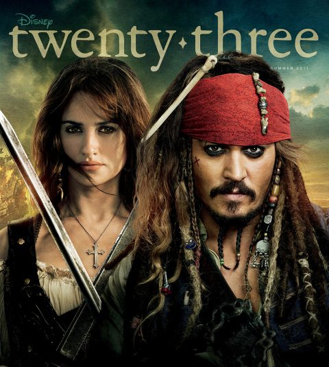 cover of Summer 2011 Disney Twenty-Three D23 Magazine featuring Johnny Depp and Penélope Cruz from the movie Pirates of the Caribbean On Stranger Tides