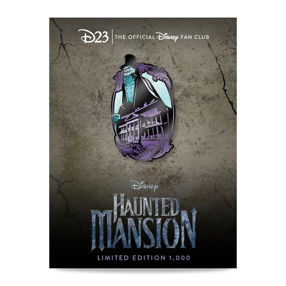 Product image of our Haunted Mansion Pin and Backer Card. The pin features the Mansion itself, and the ghastly Alistair Crump (aka the Hatbox Ghost) beckoning onlookers to join him and the other 999 happy haunts. The backer features a worn texture reminiscent of the dark façade of the Haunted Mansion.