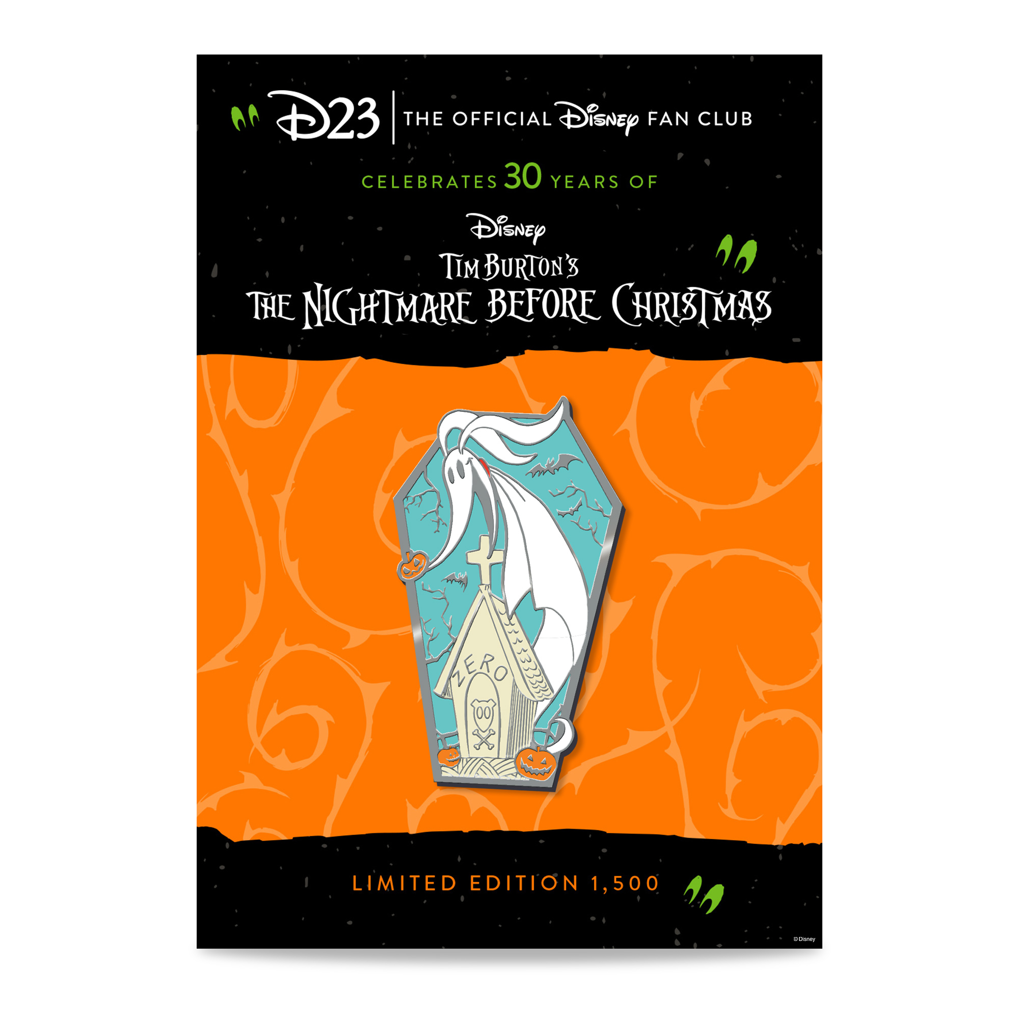 Artwork featuring D23-exclusive Tim Burton’s The Nightmare Before Christmas 30th Anniversary Pin. The artwork of the pin is blue, orange, white, and tan with silver elements, inspired by Zero the ghostly dog and his adorable doghouse, inside of a coffin shape. The pin is set on a backer card with orange and black Halloween designs.